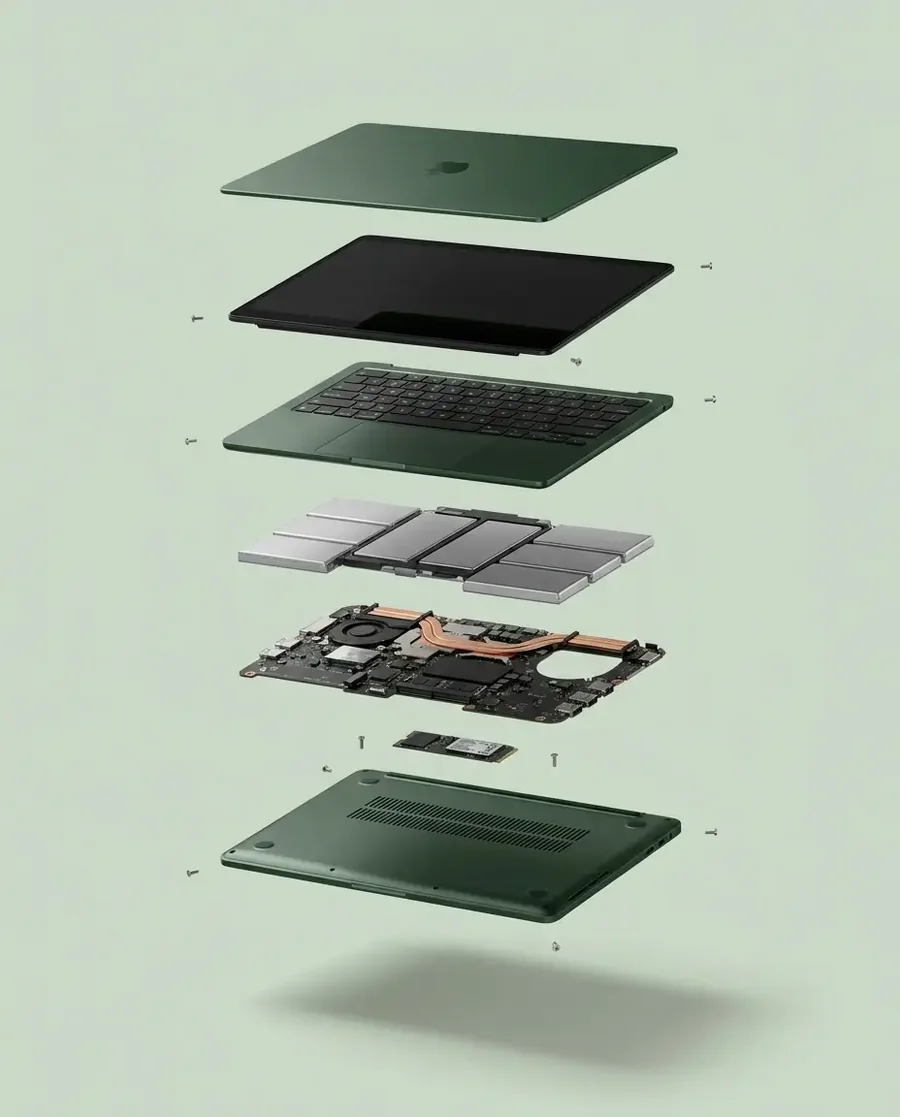 A laptop separated into seven layers: lid, screen, keyboard, battery, mainboard, drive and bottom chassis. It illustrates the record RKovera applies to any device, from handsets and servers to medical equipment.